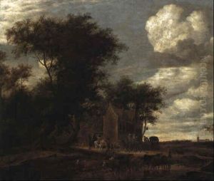 A Wooded Landscape With A Drover Watering His Herd And Travellers by Salomon van Ruysdael