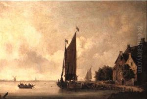 A Cottage By A River With A Smalschip Moored At A Wharf by Salomon van Ruysdael