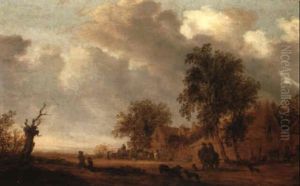 A Landscape With Travellers By A Village by Salomon van Ruysdael