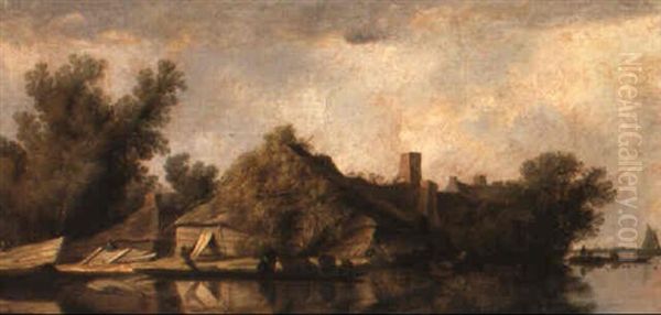 A River Landscape With Peasants Ferrying Cattle And Buildings On A Bank - view 1