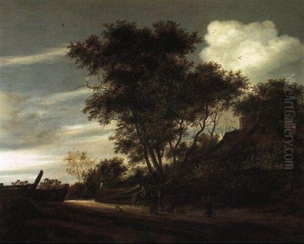 Wooded River Landscape With Children Playing On A Path - view 1