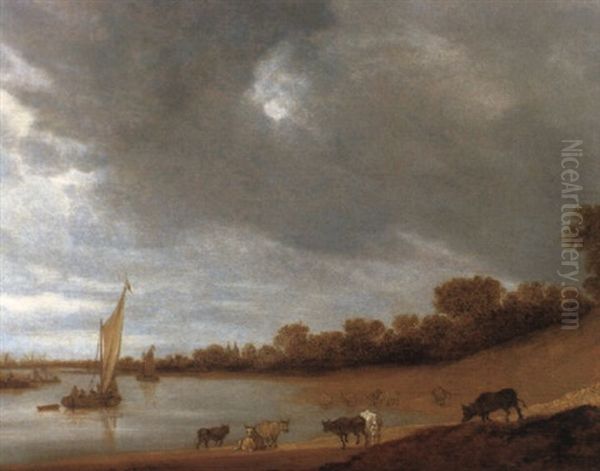 Fluslandschaft Mit Segelbooten Und Einer Herde Am Ufer - view 1