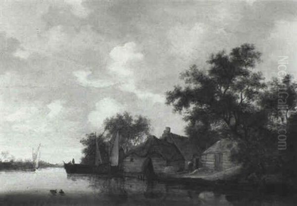 Thatched Cottages By A River With Figures In Boats - view 1