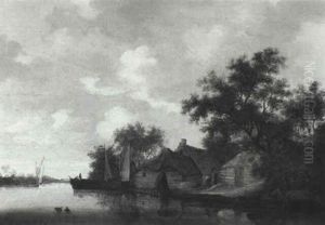 Thatched Cottages By A River With Figures In Boats Thatched Cottages By A River With Figures In Boats