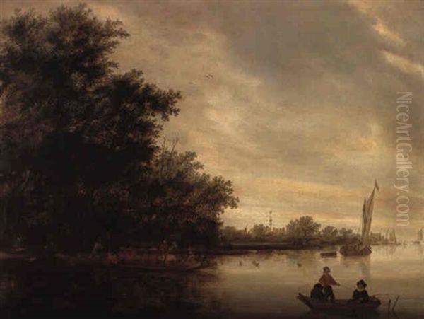 River Landscape With Fishermen And Ferry - view 1