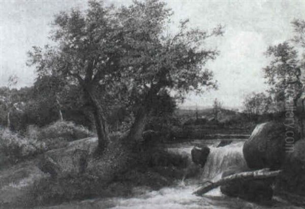 Baumbestandende Landschaft Mit Wasserfall - view 1