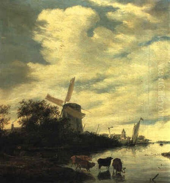 River Landscape With Cows Watering And Fishermen In A Rowing Boat - view 1
