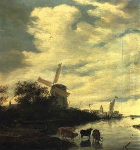 River Landscape With Cows Watering And Fishermen In A Rowing Boat by Salomon van Ruysdael