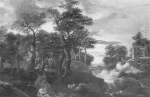A Rocky Wooded River Landscape With A Peasant Man And       Goatherd Resting By A Pool
