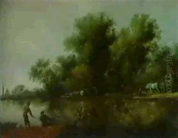 Bewaldete Flussslandschaft Mit Einer Fahre Und Einem Pferdefuhrwerk, Im Vordergrund Zwei Angler - view 1