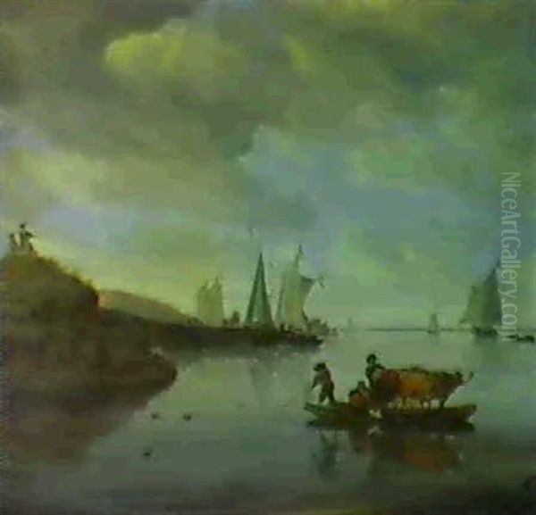 A River Landscape With Farmers Ferrying Cattle - view 1