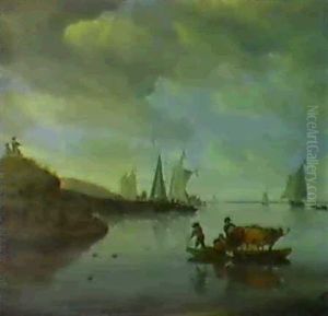 A River Landscape With Farmers Ferrying Cattle A River Landscape With Farmers Ferrying Cattle