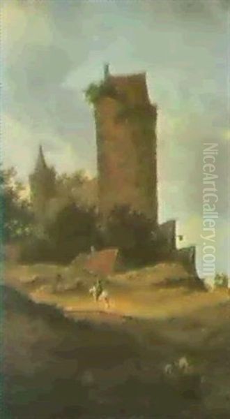 Hoher Runder Turm Im Mittelgr-und Davor Ein Rieter In Der France Rechts Eine Kutsche - view 1