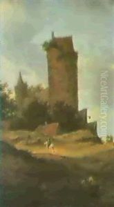 Hoher Runder Turm Im Mittelgr-und Davor Ein Rieter In Der France Rechts Eine Kutsche by Salomon van Ruysdael