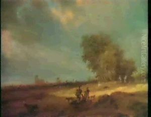 A Dune Landscape With Figures Resting And A Couple On Horse-back, A View Of Nijmegen Cathedral Beyond