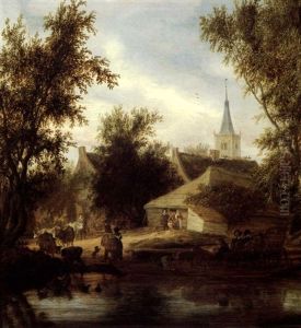 A Ferry At The Outskirts Of A Village by Salomon van Ruysdael