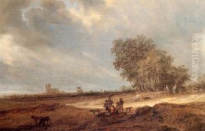 A Dune Landscape With Figures Resting And A Couple On Horse-back, A View Of Nijmegen Cath-edral Beyond by Salomon van Ruysdael