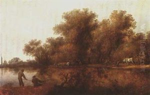 A River Landscape With Fishermen In The Foreground,         A Ferry, And A Waggon On The Far Bank