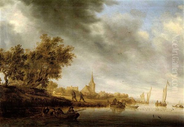 River Landscape With Sportsman And Fishermen - view 1