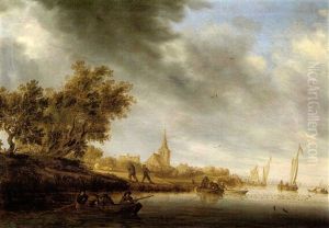 River Landscape With Sportsman And Fishermen by Salomon van Ruysdael