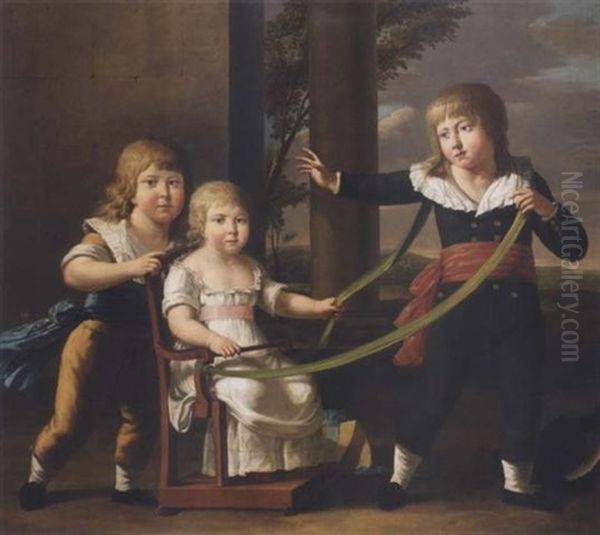 Portrait Of Charles, Michael And Anne Gordon Standing On A Terrace - view 1