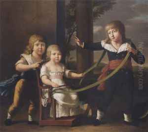 Portrait Of Charles, Michael And Anne Gordon Standing On A Terrace