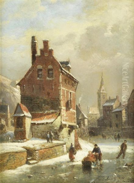 Street Scene With Horse And Cart; Figures Skating On A Frozen Canal (pair) - view 1