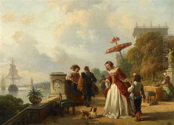 Gesellschaft Auf Der Schlossterrasse Mit Blick Auf Die Schelde Bei Antwerpen by Jean (Jan) Michael Ruyten