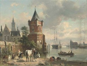 A Coastal Inlet With Figures And A Horse Before A Tower, A Ferry Beyond