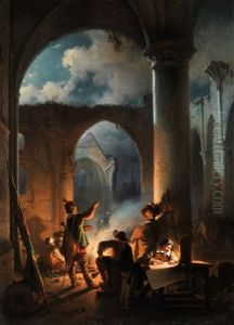 Landsknechte In Einer Ruine Bei Nachtlichem Feuer by Jean (Jan) Michael Ruyten