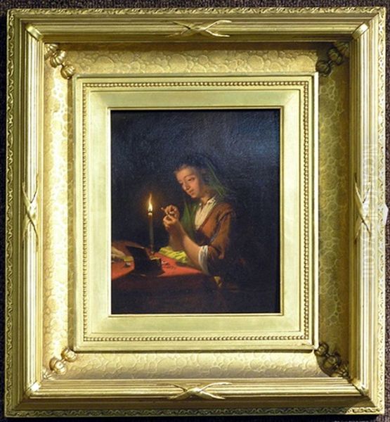 Young Woman With Her Needlework By Candlelight - view 1
