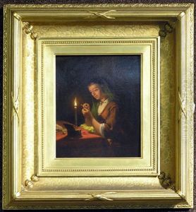 Young Woman With Her Needlework By Candlelight by Jean (Jan) Michael Ruyten