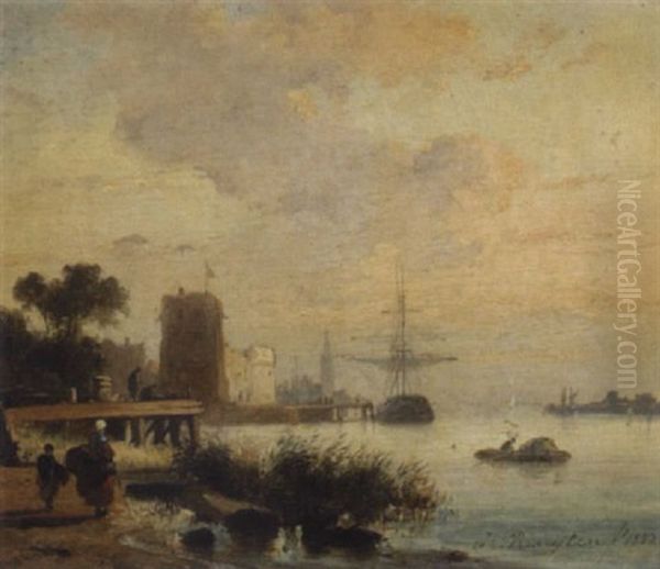 A River Landscape With Ships Moored To The Shore And Figures On The Bank In The Foreground - view 1