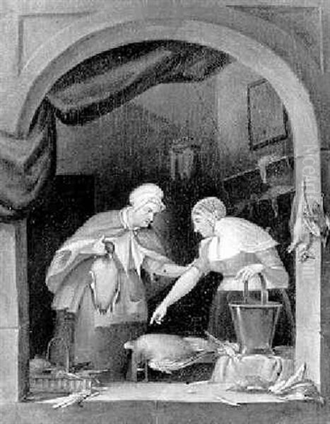 An Old Woman Selling Game To A Young Woman At A Stone Niche - view 1