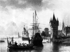 Boats In The Harbour Of Antwerp by Jean (Jan) Michael Ruyten