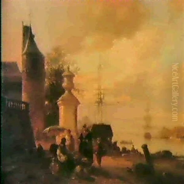 Figures At A Market Stall By A Harbour - view 1