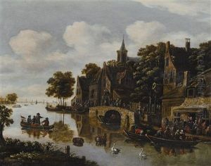 A River Landscape With A Village In The Foreground And Figures Drinking Outside An Inn A River Landscape With A Village In The Foreground And Figures Drinking Outside An Inn