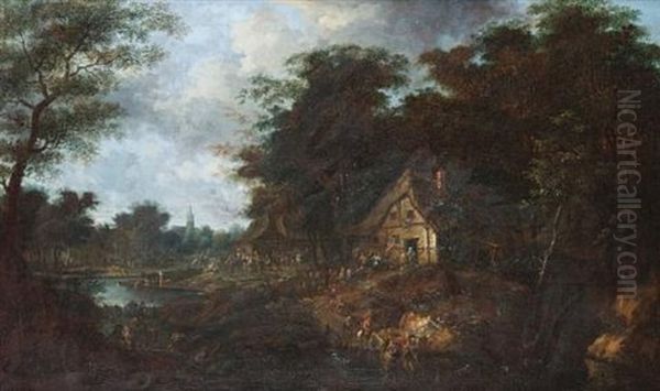 A Riverside Village With Figures And Horsemen - view 1