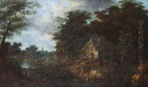 A Riverside Village With Figures And Horsemen A Riverside Village With Figures And Horsemen