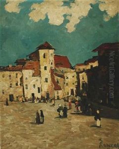 City Scene From An Italian Piazza With Street Life by Hans Ruzicka-Lautenschlaeger
