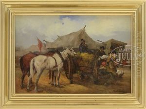 Figures In A Trading Camp With Horses And Cart by Tadeusz Rybkowski