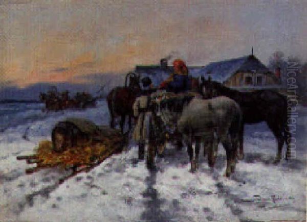 A Winter Landscape With Peasants And A Troika Before A Farmstead - view 1