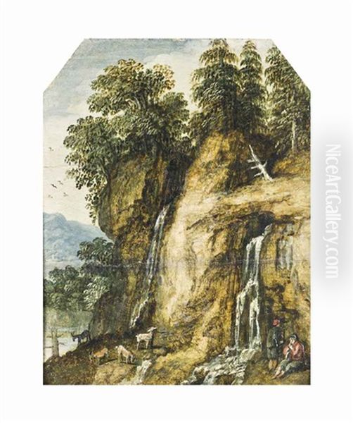 A Rocky Wooded Landscape With Shepherds Watering Their Goats By Streams Below Two Waterfalls - view 1