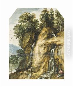A Rocky Wooded Landscape With Shepherds Watering Their Goats By Streams Below Two Waterfalls by David Ryckaert III