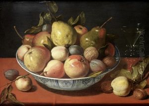 Apples, Pears, Plums And Other Fruit With Walnuts In A Wan-li Kraak Ware Bowl On A Draped Table-top, With A Glass Of Wine Apples, Pears, Plums And Other Fruit With Walnuts In A Wan-li Kraak Ware Bowl On A Draped Table-top, With A Glass Of Wine