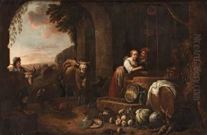 Figurer Och Kreatur Vid En Brunn