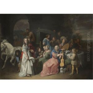 An Outdoor Scene With An Elegant Company Attending And Playing Music, A Carriage Arriving In The Background by David Ryckaert III