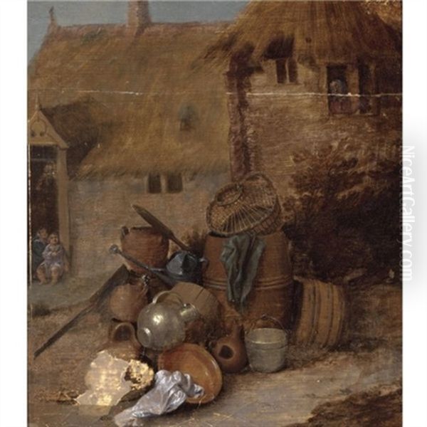 A Farm Yard With A Still Life With Barrels, A Copper Jug And Bucket, A Basket, A Watering-can And Earthenware Pots And Bowls, Peasants In A Farm Beyond - view 1