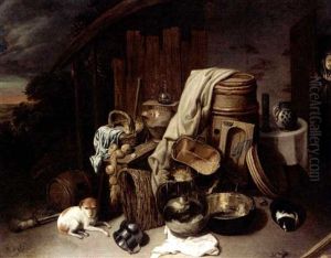 Still Life With Kitchen Utensils, Vegetables And A Dog And A Cat by David Ryckaert III