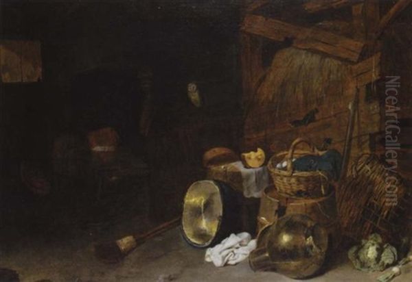 A Barn Interior With A Still Life Of Kitchen Utensils And An Owl, Two Men Beside A Fire Beyond - view 1